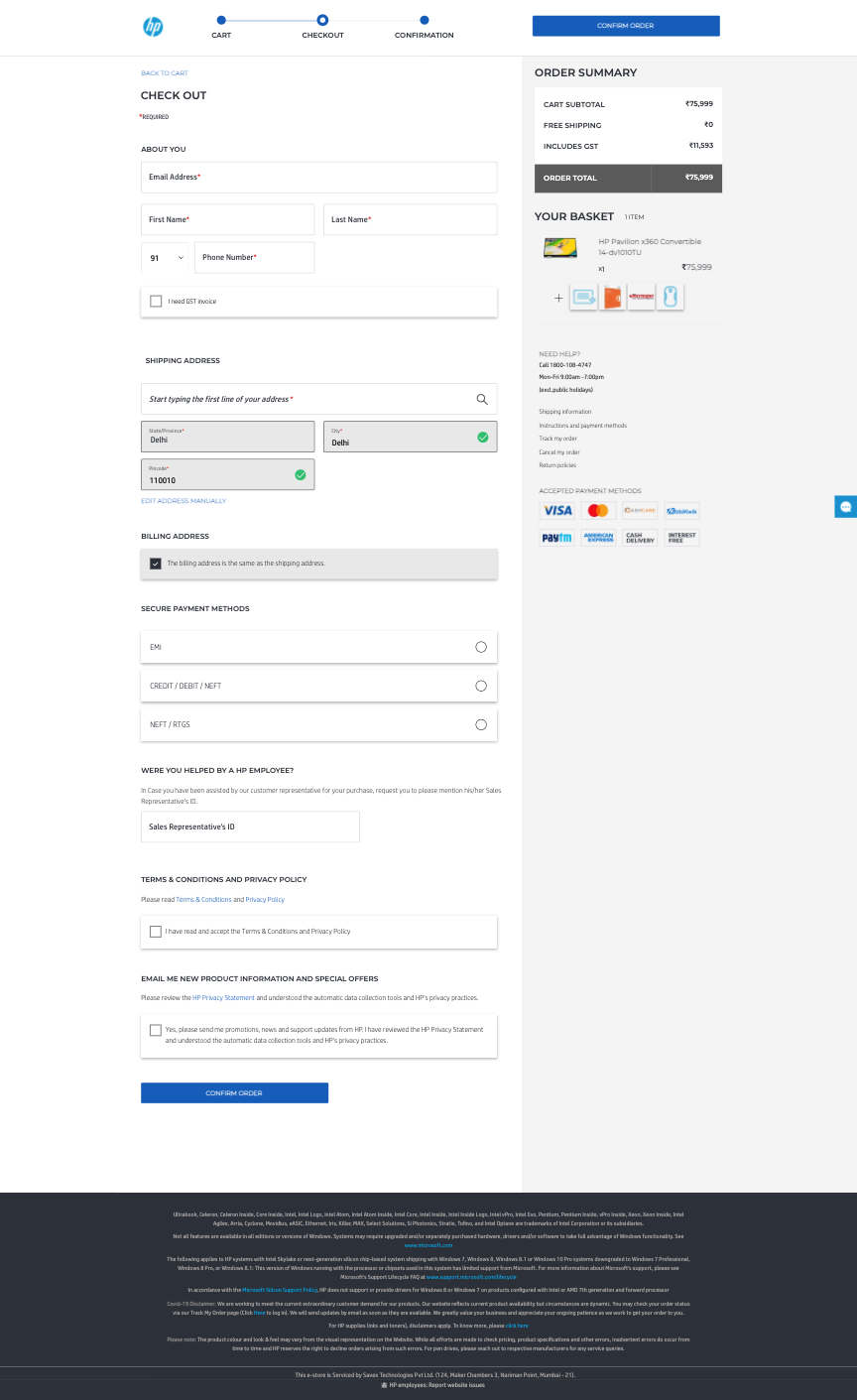 HP checkout after redesign