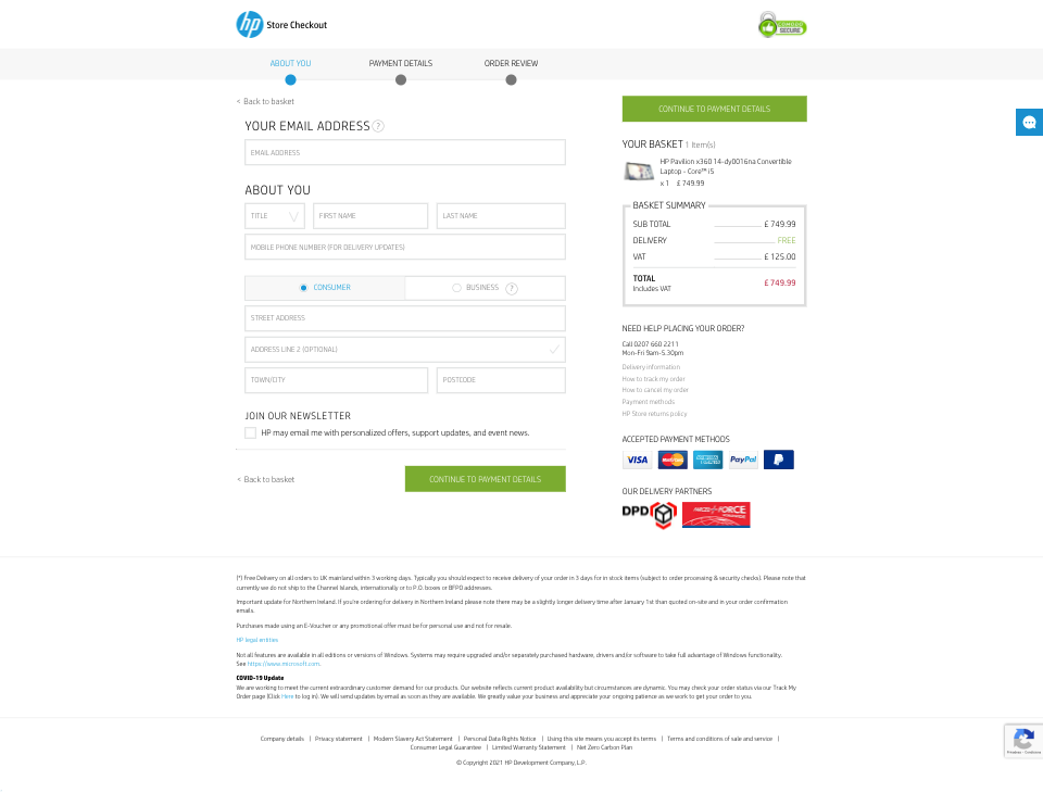 HP checkout before redesign